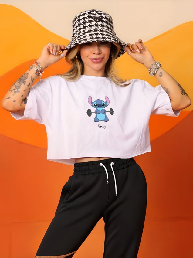 Cropped oversized feminino estampado de algodão sustentável